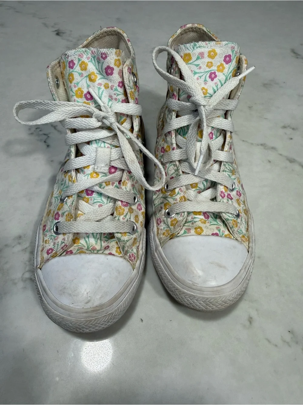 Converse Kids Floral High-Top Sneakers - White with Pink, Yellow & Green Accents